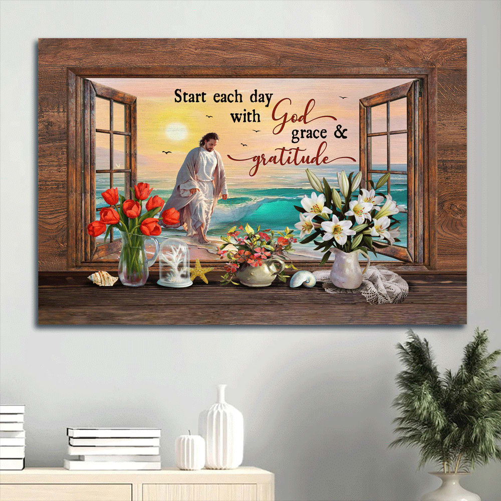 Beautiful Beach Lovely Flower Vase Start Each Day With God Grace & Gratitude Canvas Wall Art – Christian Wall Decor