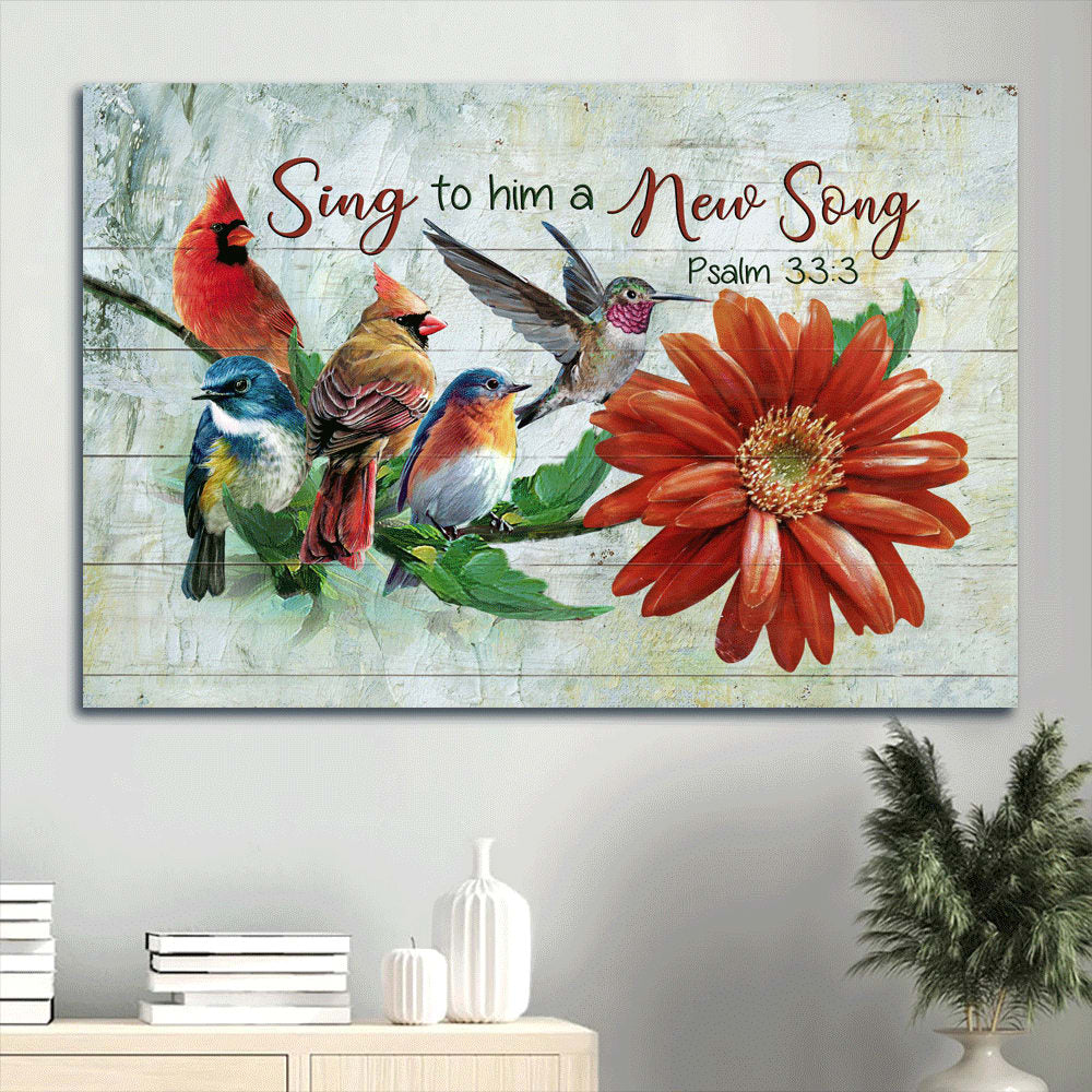 Beautiful Birds Colorful Birds Red Flower Sing To Him A New Song Canvas Wall Art – Christian Wall Decor