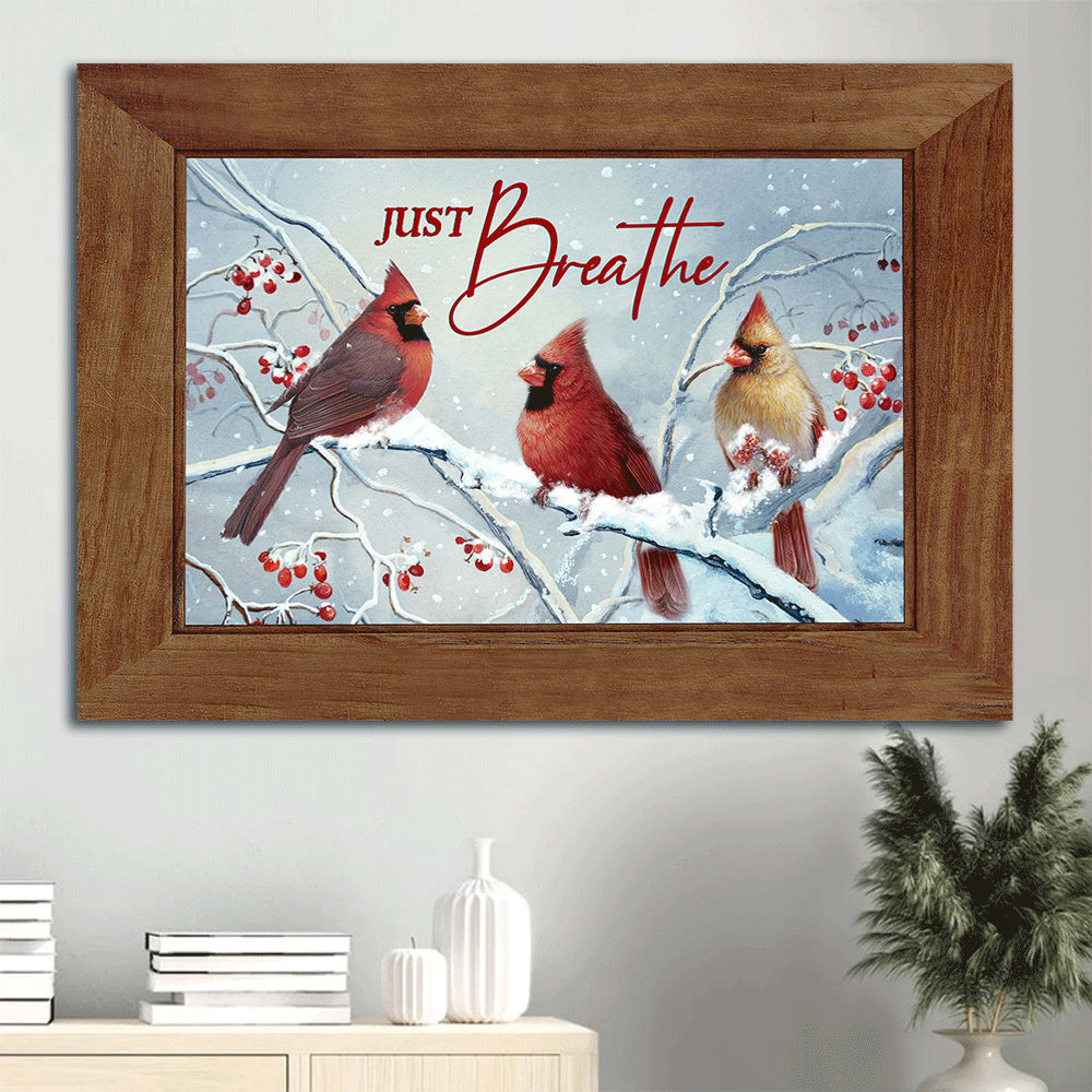 Beautiful Cardinal White Snow Red Cranberry Just Breathe Canvas Wall Art – Christian Wall Decor