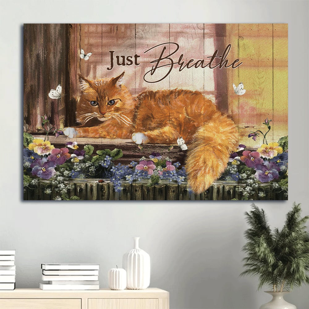 Beautiful Cat Painting Purple Flower White Butterfly Just Breathe Canvas Wall Art – Christian Wall Decor