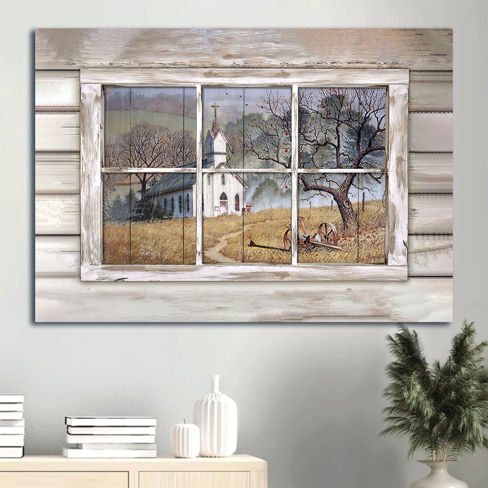 Beautiful Church Country Church Through Rustic Window Yellow Meadow Canvas Wall Art – Christian Wall Decor