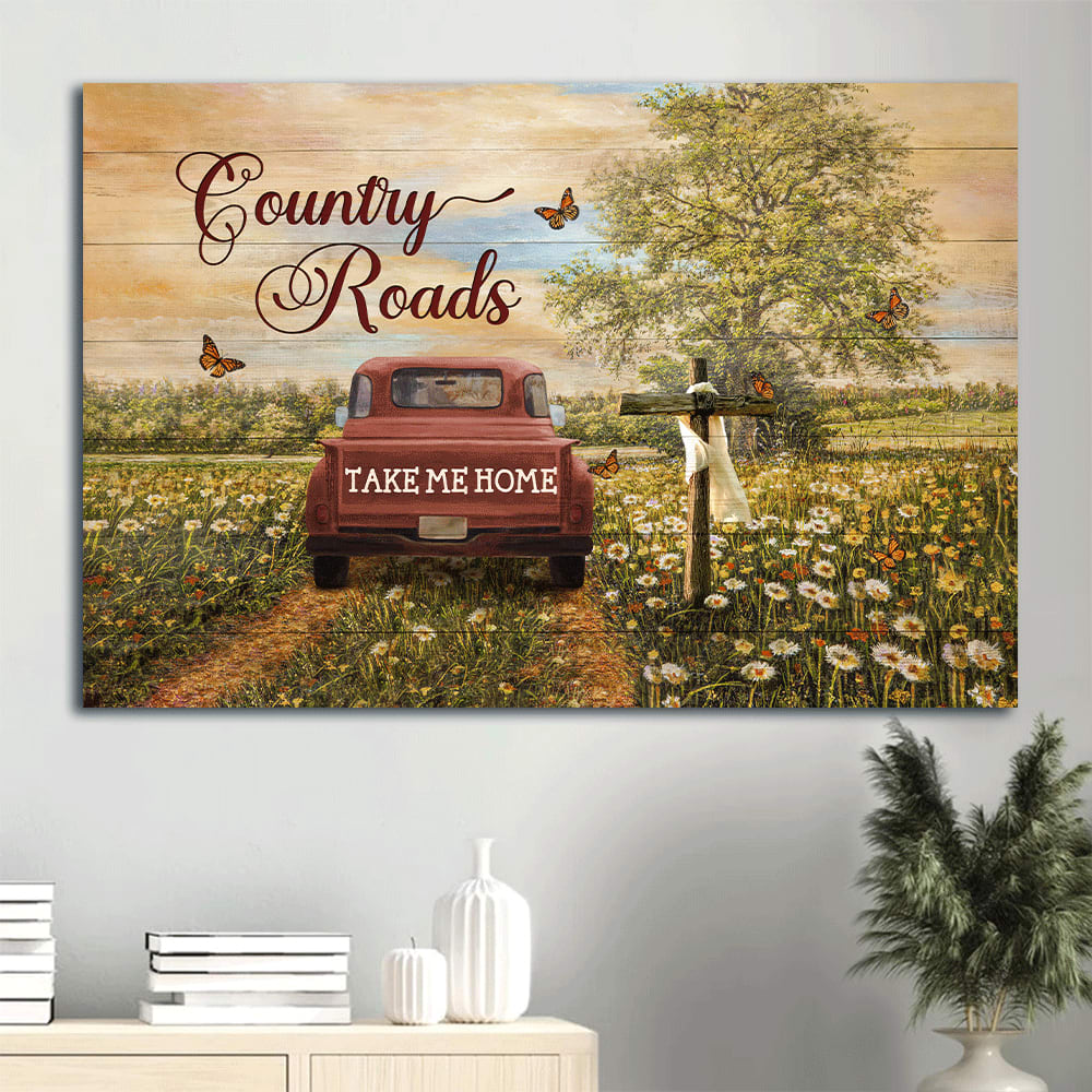 Beautiful Countryside Dandelion Field Ladybug Car Country Roads Take Me Home Canvas Wall Art – Christian Wall Decor