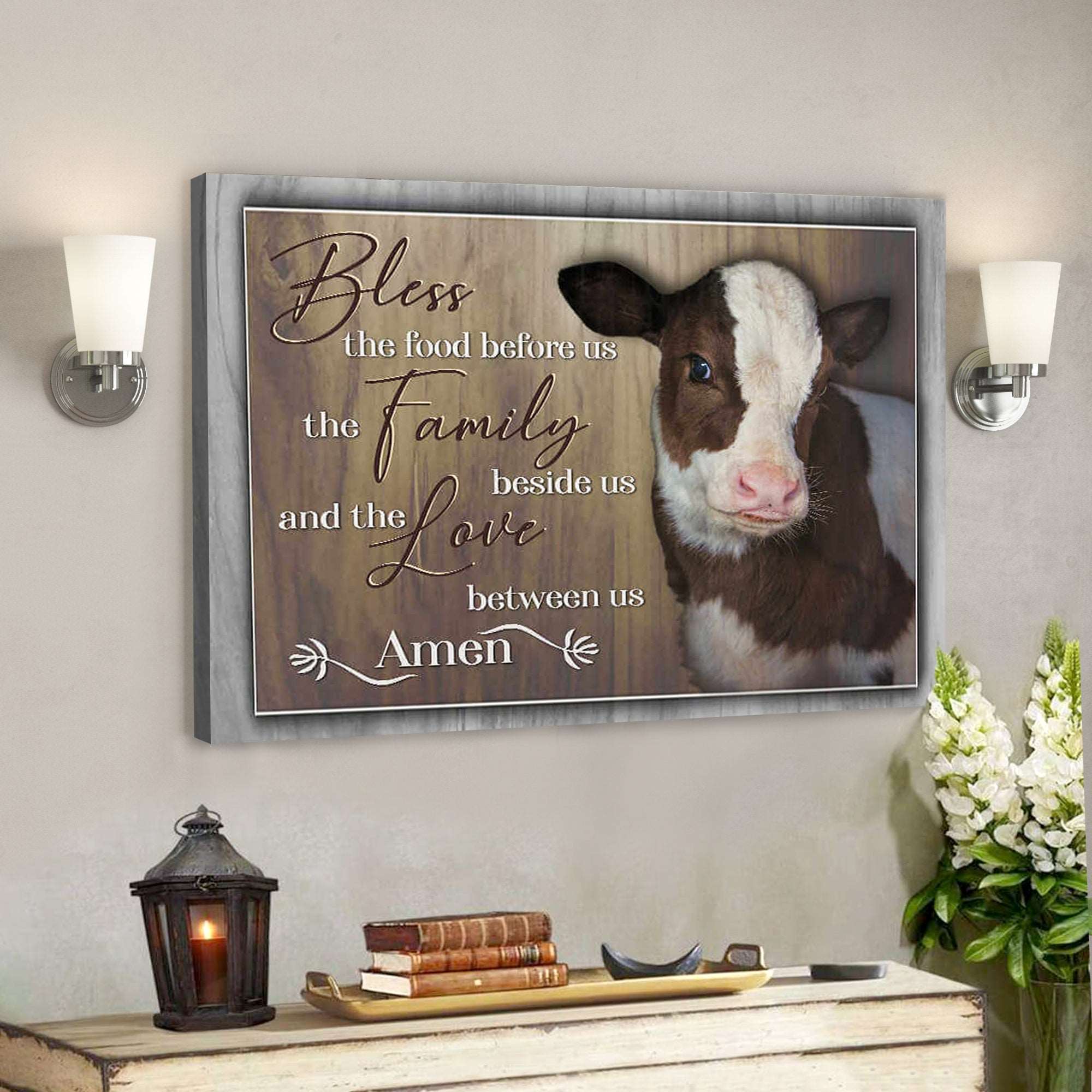 Beautiful Cow – Bless The Family Beside Us Farmhouse – Bible Verse Canvas – Scripture Canvas Wall Art