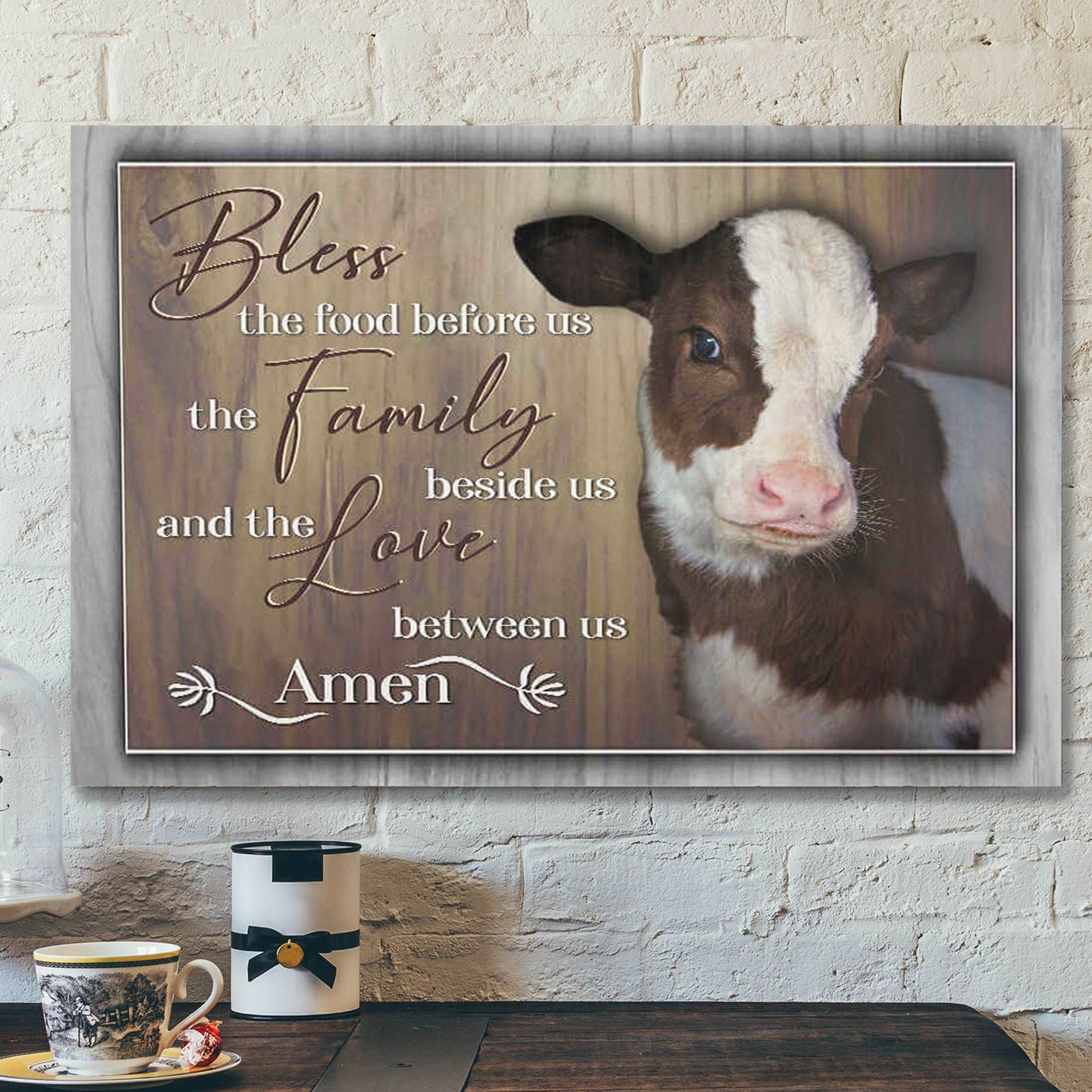 Beautiful Cow – Bless The Family Beside Us Farmhouse – Bible Verse Canvas – Scripture Canvas Wall Art