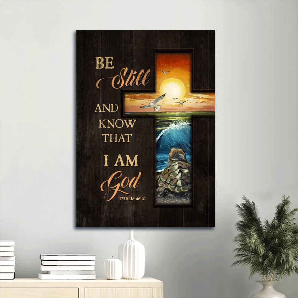 Beautiful Cross Orange Sunset Turtle Seagull Be Still And Know That I Am God Canvas Wall Art – Christian Wall Decor