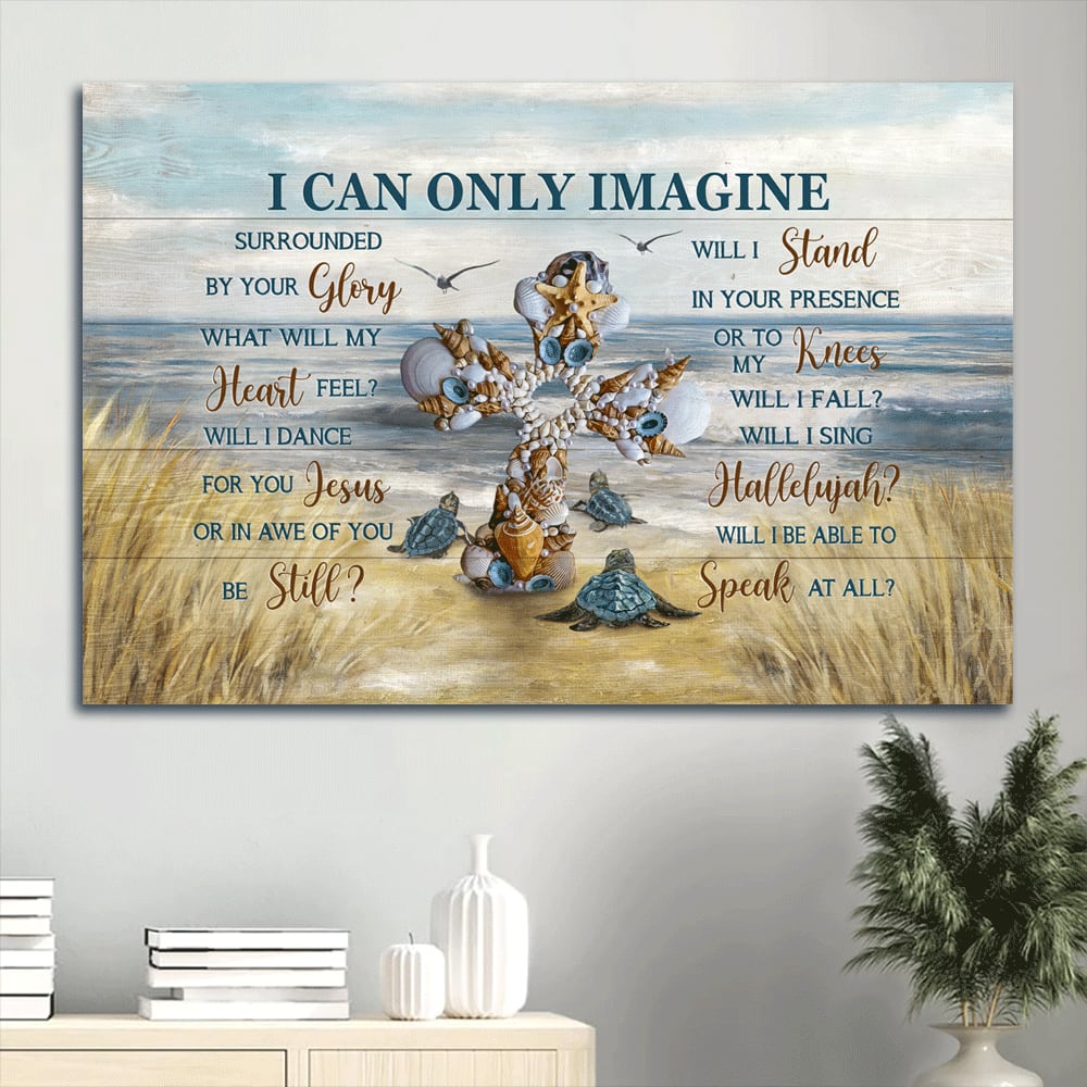 Beautiful Cross Sea Turtle Seagull Beach Painting I Can Only Imagine Canvas Wall Art – Christian Wall Decor