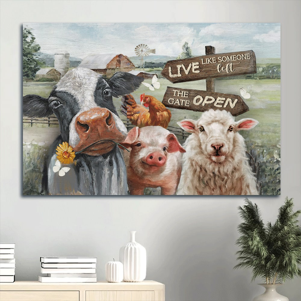 Beautiful Dairy Cow White Lamb Farm Drawing Live Like Someone Left The Gate Open Canvas Wall Art – Christian Wall Decor