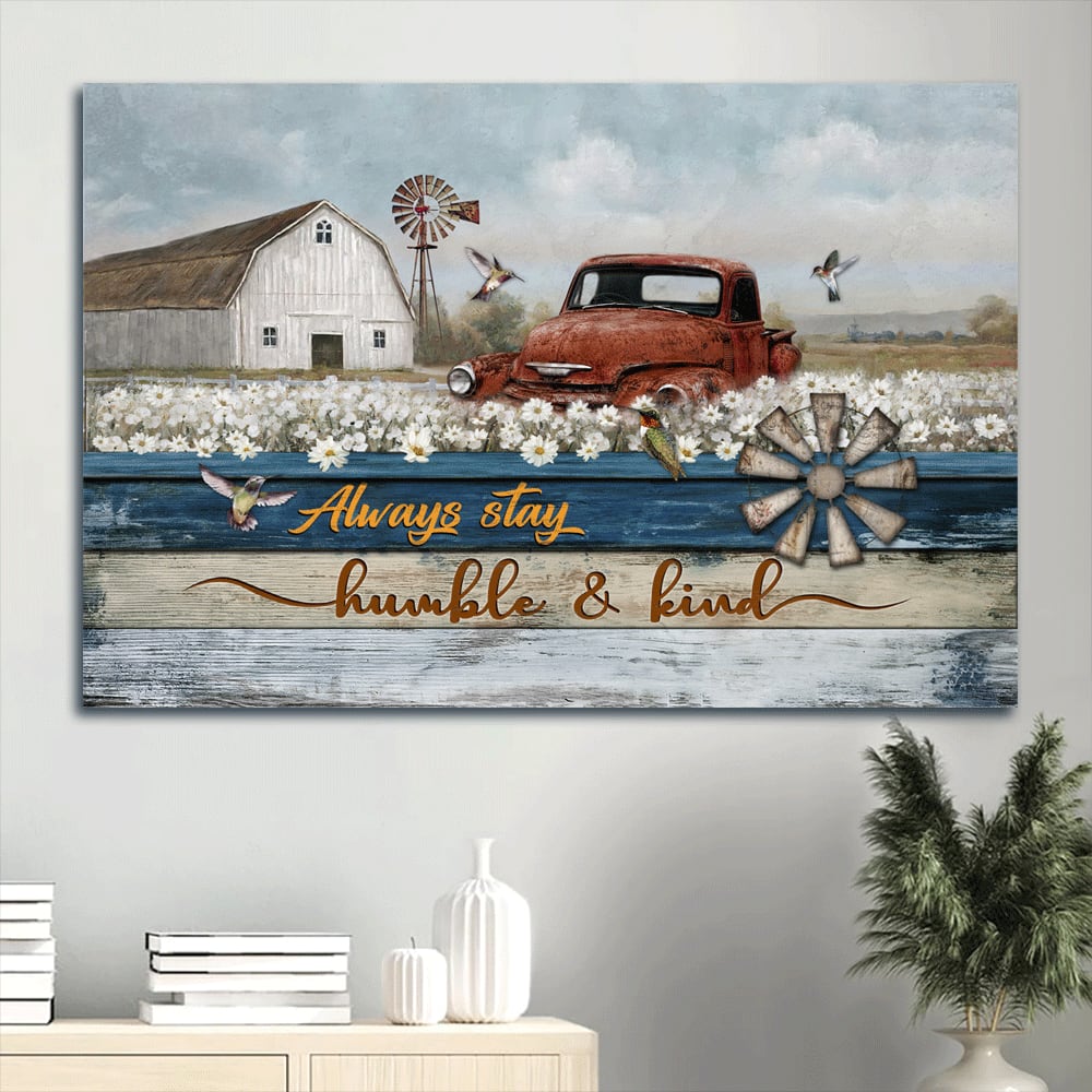 Beautiful Daisy Field Old Ladybug Car Always Stay Humble And Kind Canvas Wall Art – Christian Wall Decor