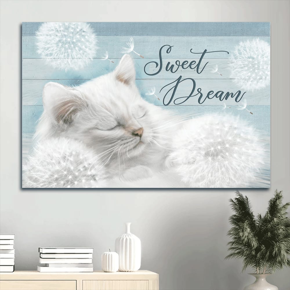 Beautiful Dandelion Cute White Cat Canvas Sweet Dream Canvas Wall Art – Christian Wall Decor