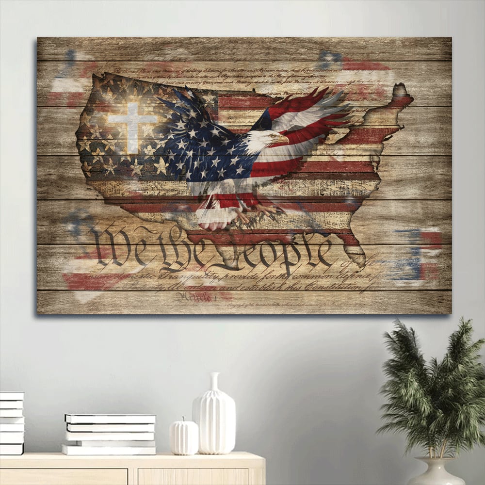 Beautiful Eagle Painting White Cross Amazing Us Flag Canvas We The People Canvas Wall Art – Christian Wall Decor