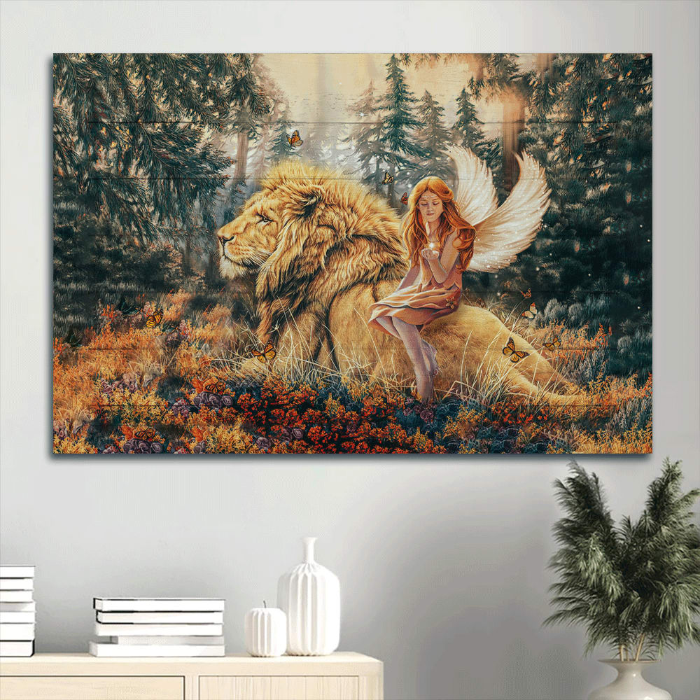 Beautiful Fairy Lion Of Judah Autumn Forest Canvas Wall Art – Christian Wall Decor