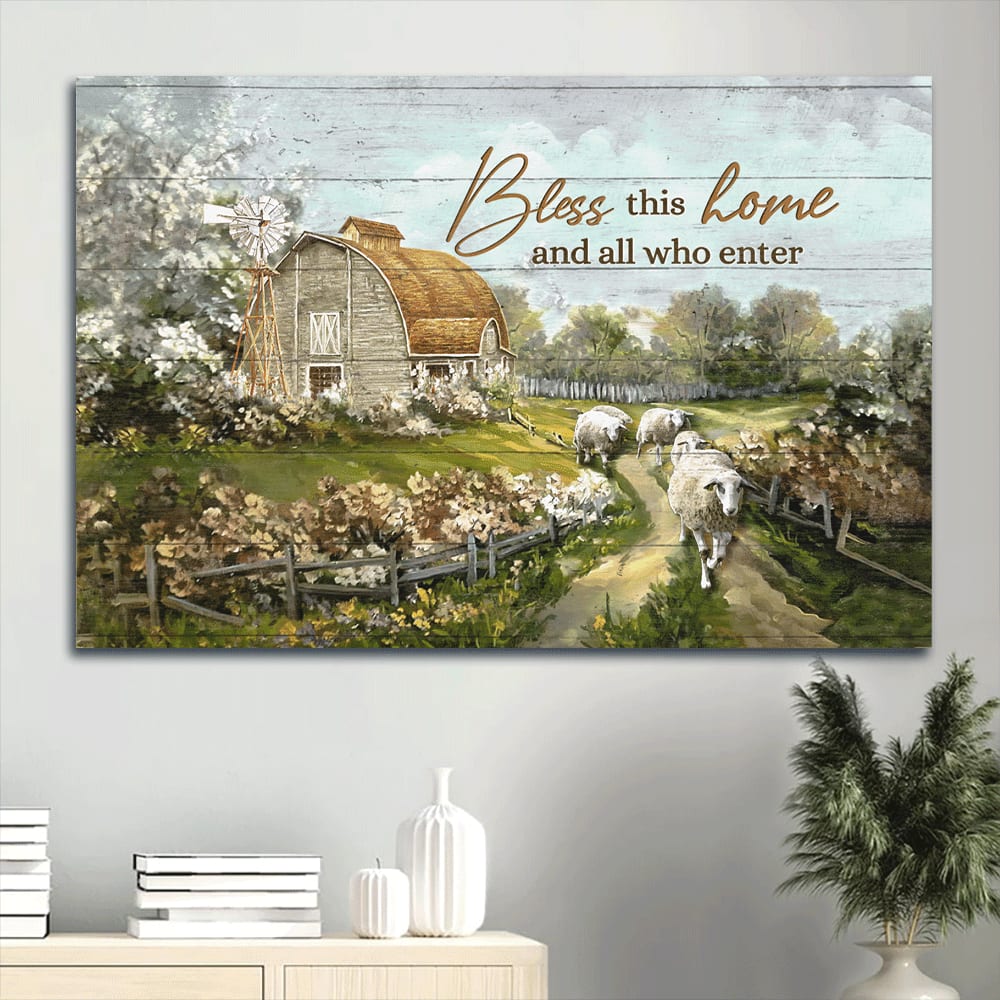 Beautiful Farm Sheep Drawing Vintage House Canvas Bless This House Canvas Wall Art – Christian Wall Decor