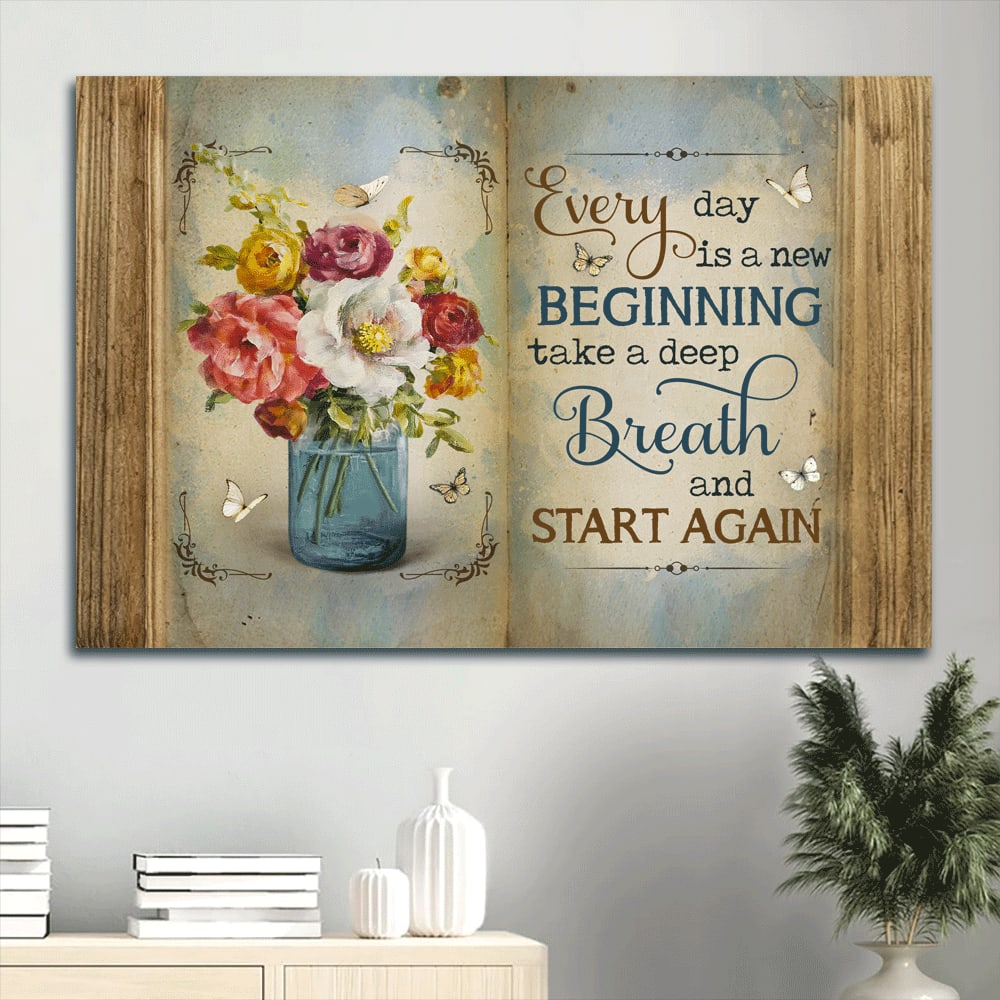 Beautiful Flower Colorful Painting White Butterfly Canvas Every Day Is A New Beginning Canvas Wall Art – Christian Wall Decor