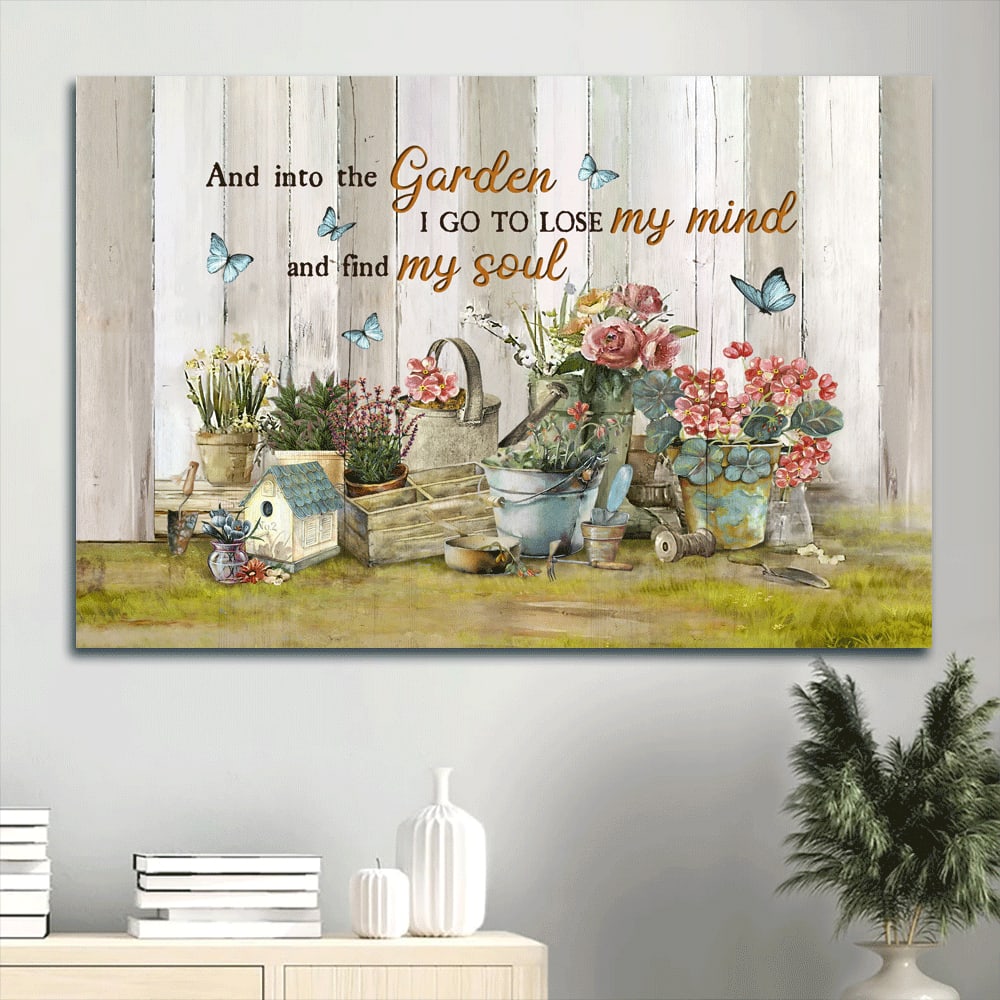 Beautiful Flower Flower Pots Blue Butterfly Canvas Into The Garden Find My Soul Canvas Wall Art – Christian Wall Decor