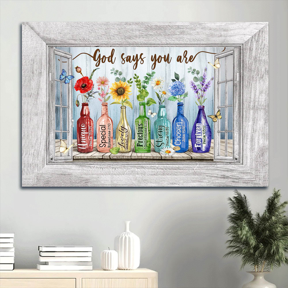 Beautiful Flowers Rainbow Color Colored Glass Bottles Butterfly Canvas God Says You Are Canvas Wall Art – Christian Wall Decor