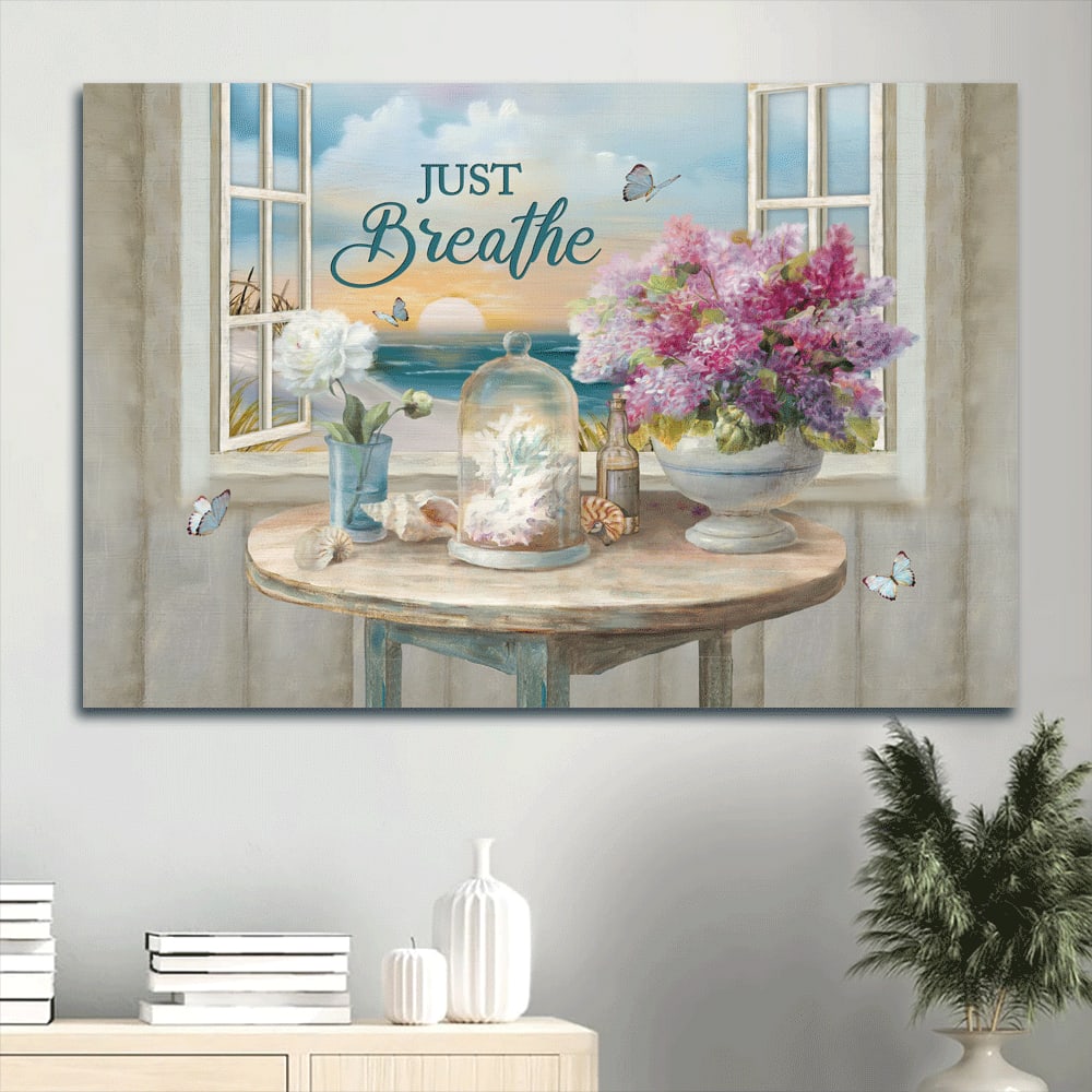 Beautiful Flowers Seashells Coral Sunrise View Butterfly Painting Canvas Just Breathe Canvas Wall Art – Christian Wall Decor