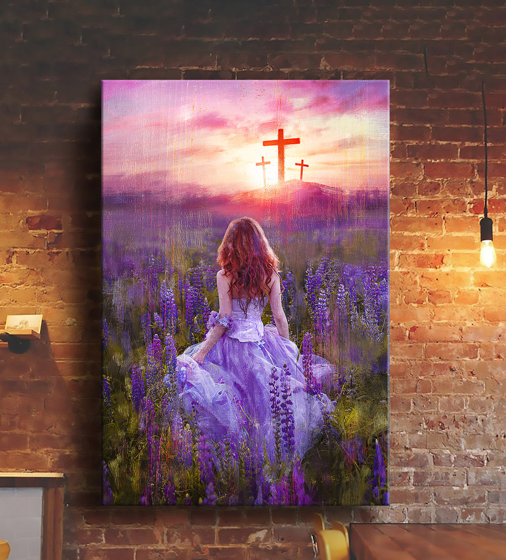 Beautiful Girl In The Lavender Field Cross Canvas – Jesus Portrait Canvas Posters – Christian Wall Posters – Religious Wall Decor