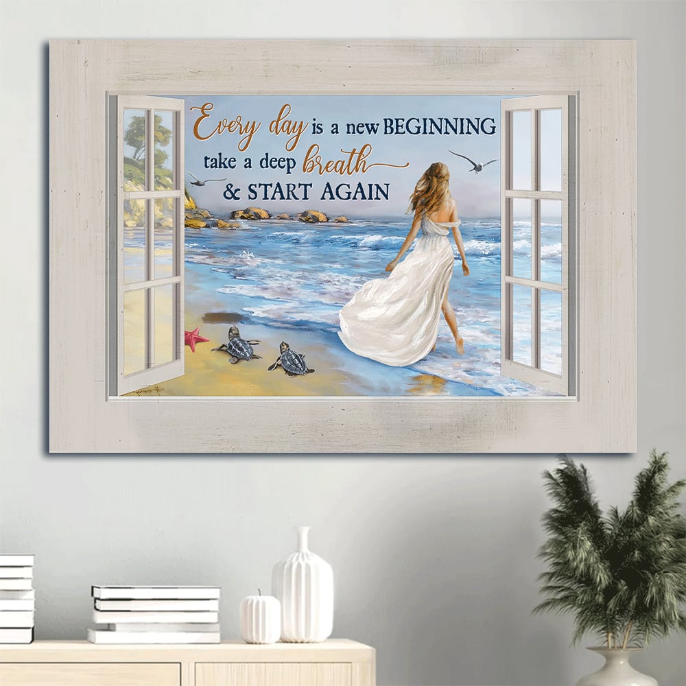 Beautiful Girl Summer Vibe Sea Turtle Canvas Every Day Is A New Beginning Canvas Wall Art – Christian Wall Decor