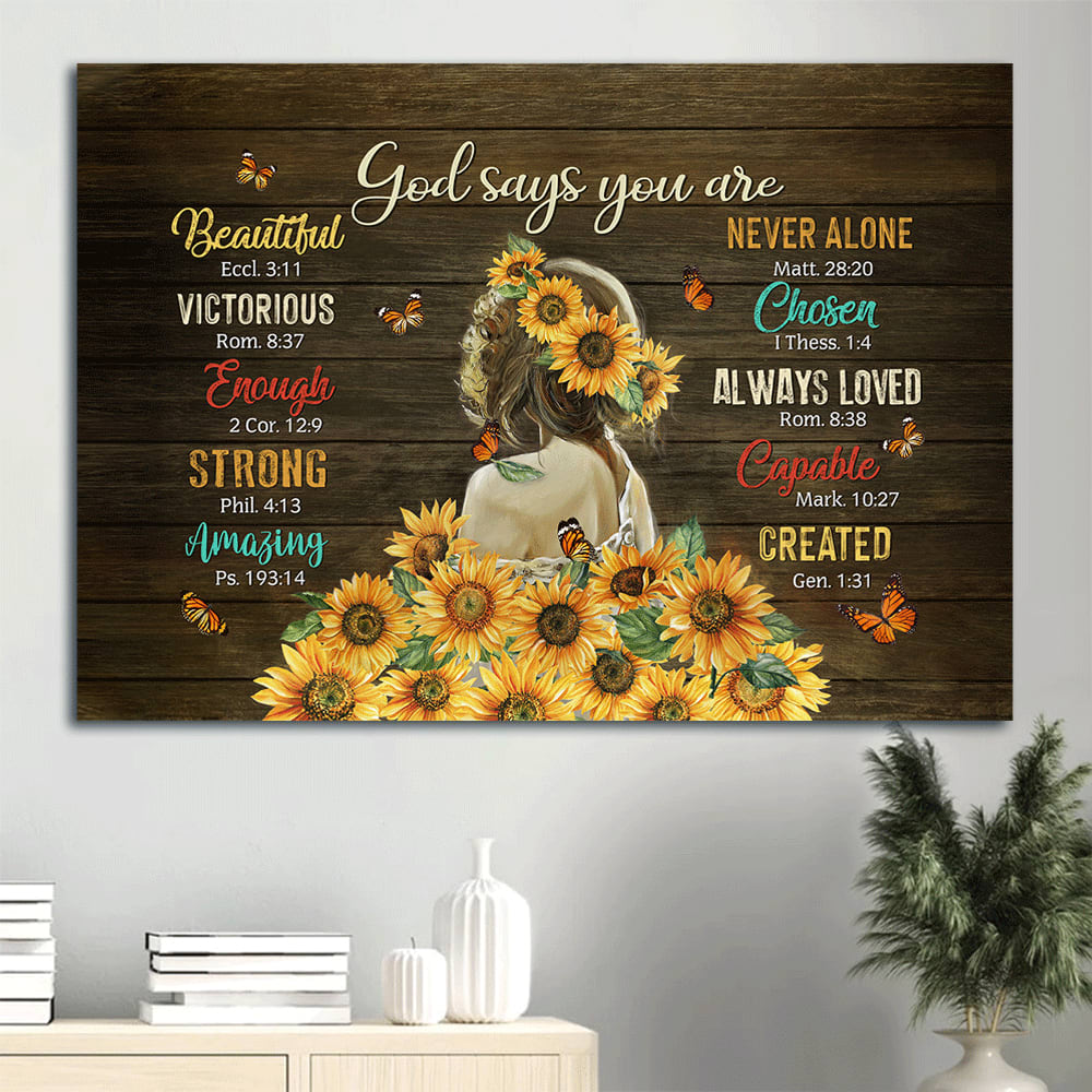 Beautiful Girl Sunflower Butterfly Canvas God Says You Are Canvas Wall Art – Christian Wall Decor