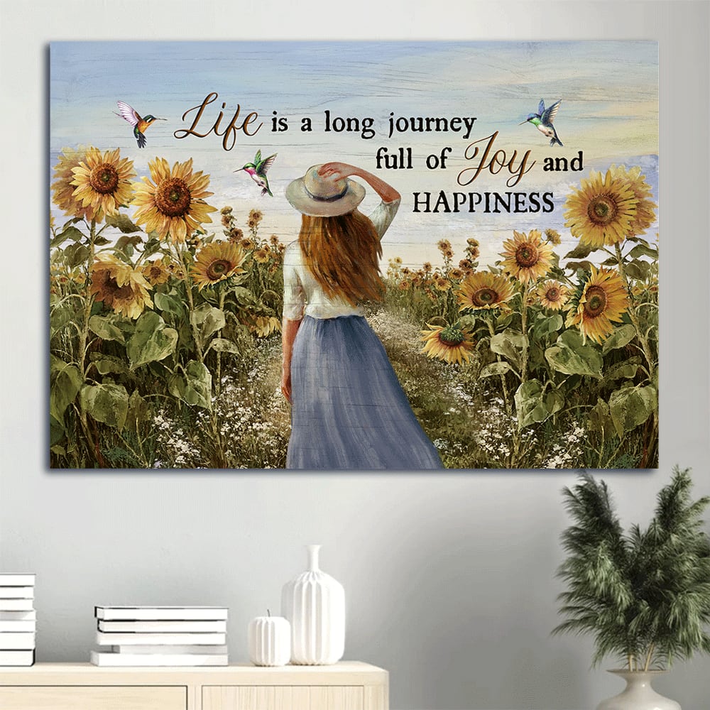 Beautiful Girl Sunflower Field Colorful Hummingbirds Canvas Life Is A Long Journey Canvas Wall Art – Christian Wall Decor