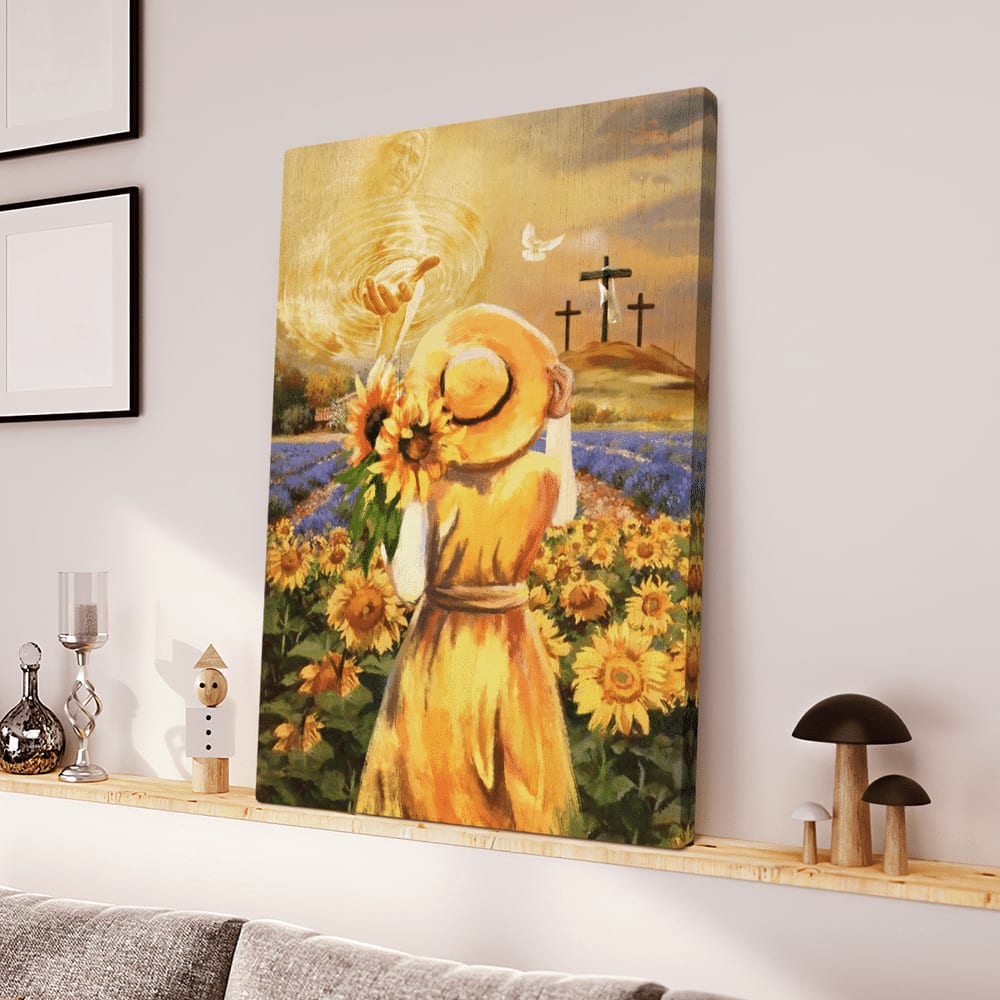 Beautiful Girl Sunflower Field Jesus Hand Cross Symbol Canvas Posters – Christian Wall Posters – Religious Wall Decor