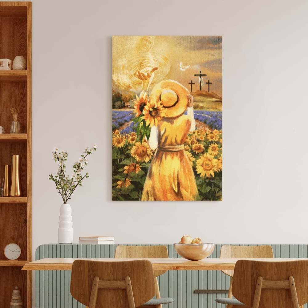 Beautiful Girl Sunflower Field Jesus Hand Cross Symbol Canvas Posters – Christian Wall Posters – Religious Wall Decor