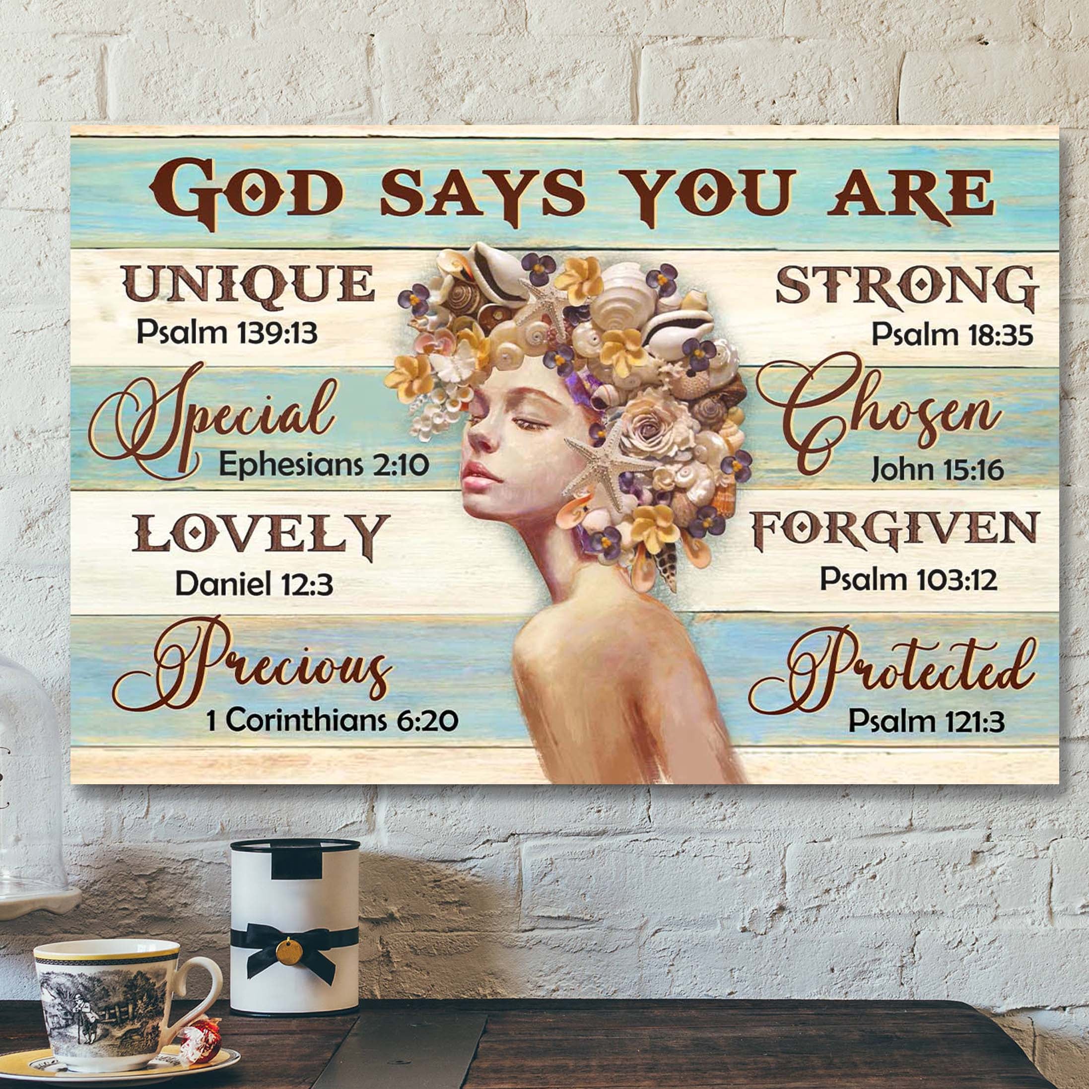 Beautiful Girl With Seashell Hair – God Says You Are Canvas Wall Art – Bible Verse Canvas – Scripture Canvas Wall Art