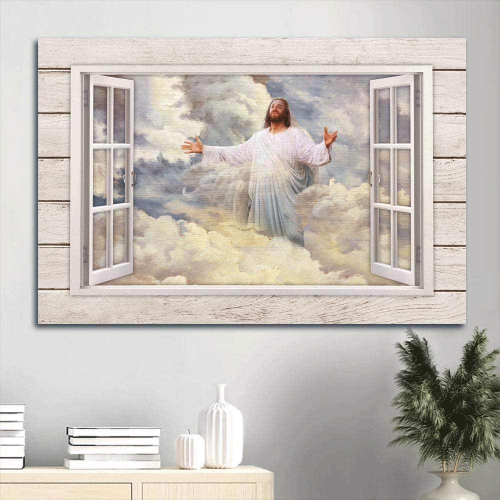 Beautiful Heaven Jesus Painting Vintage Windows Jesus In The Clouds Canvas Wall Art – Christian Wall Decor