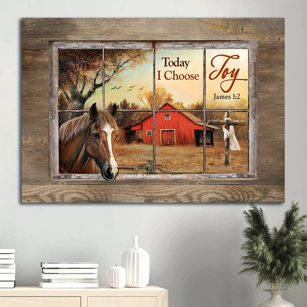 Beautiful Horse Colorful Sunset Red House Cross Canvas Today I Choose Joy Canvas Wall Art – Christian Wall Decor