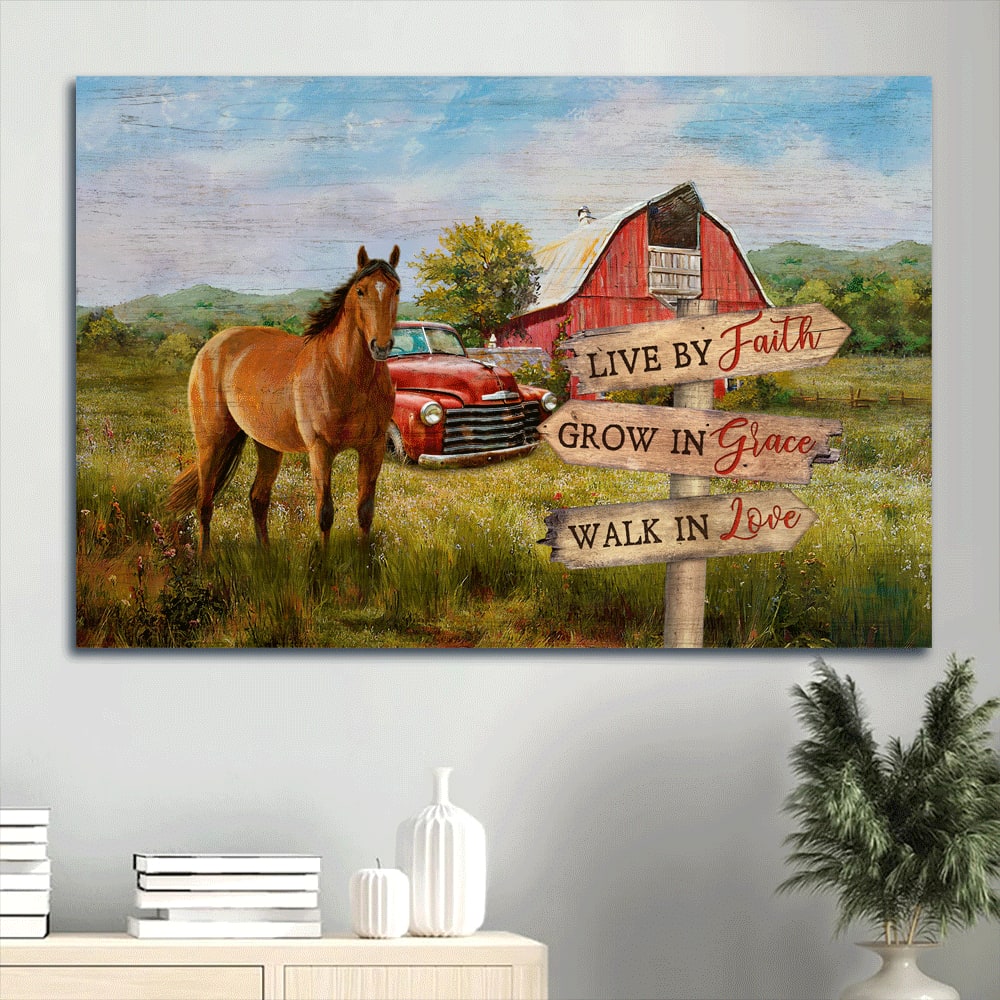 Beautiful Horse Drawing Red House Canvas Live By Faith Grow In Grace Walk In Love Canvas Wall Art – Christian Wall Decor