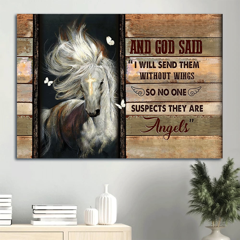 Beautiful Horse Golden Cross White Butterfly Canvas I Will Send Them Without Wings Canvas Wall Art – Christian Wall Decor