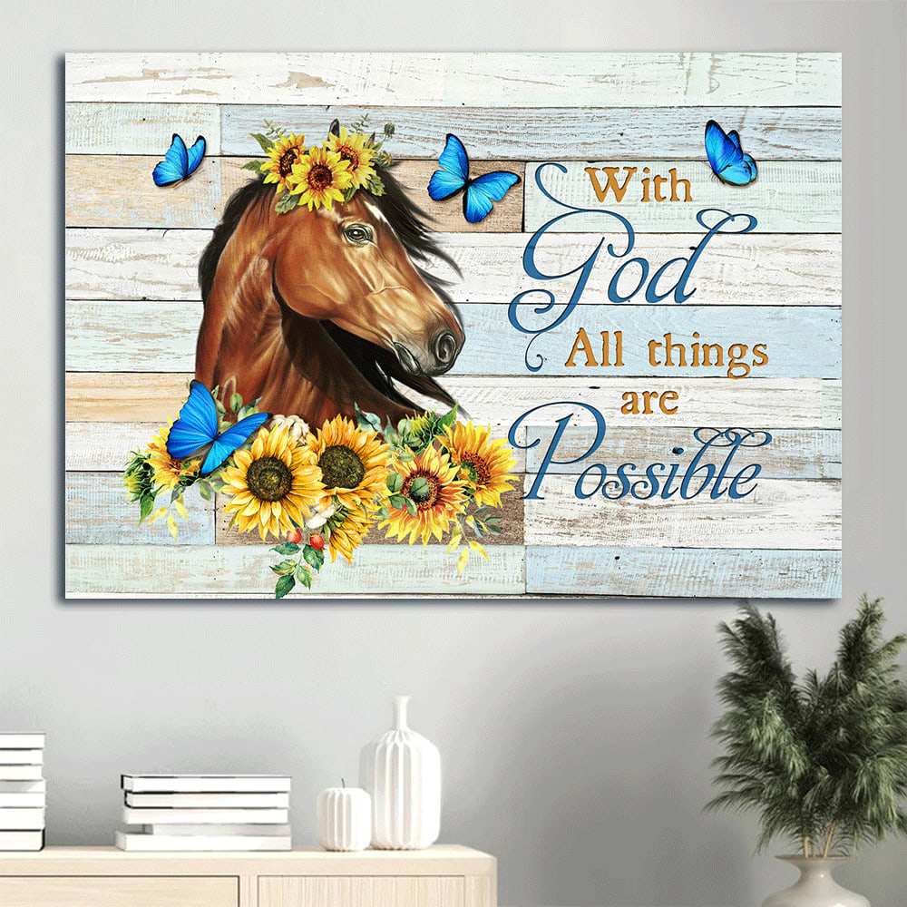 Beautiful Horse Painting Sunflower Drawing Blue Butterfly Canvas With God All Things Are Possible Canvas Wall Art – Christian Wall Decor