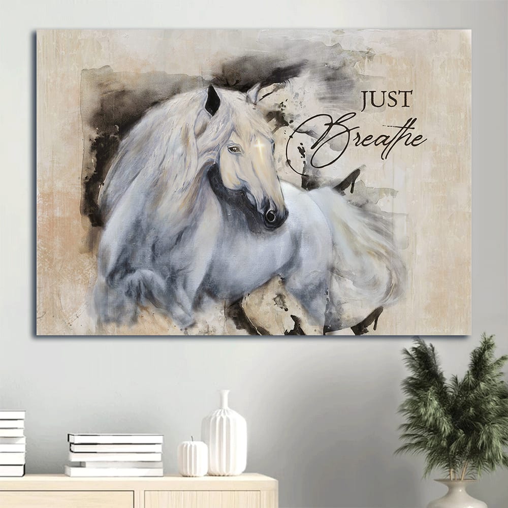 Beautiful Horse Painting White Background Small Cross Canvas Just Breathe Canvas Wall Art – Christian Wall Decor