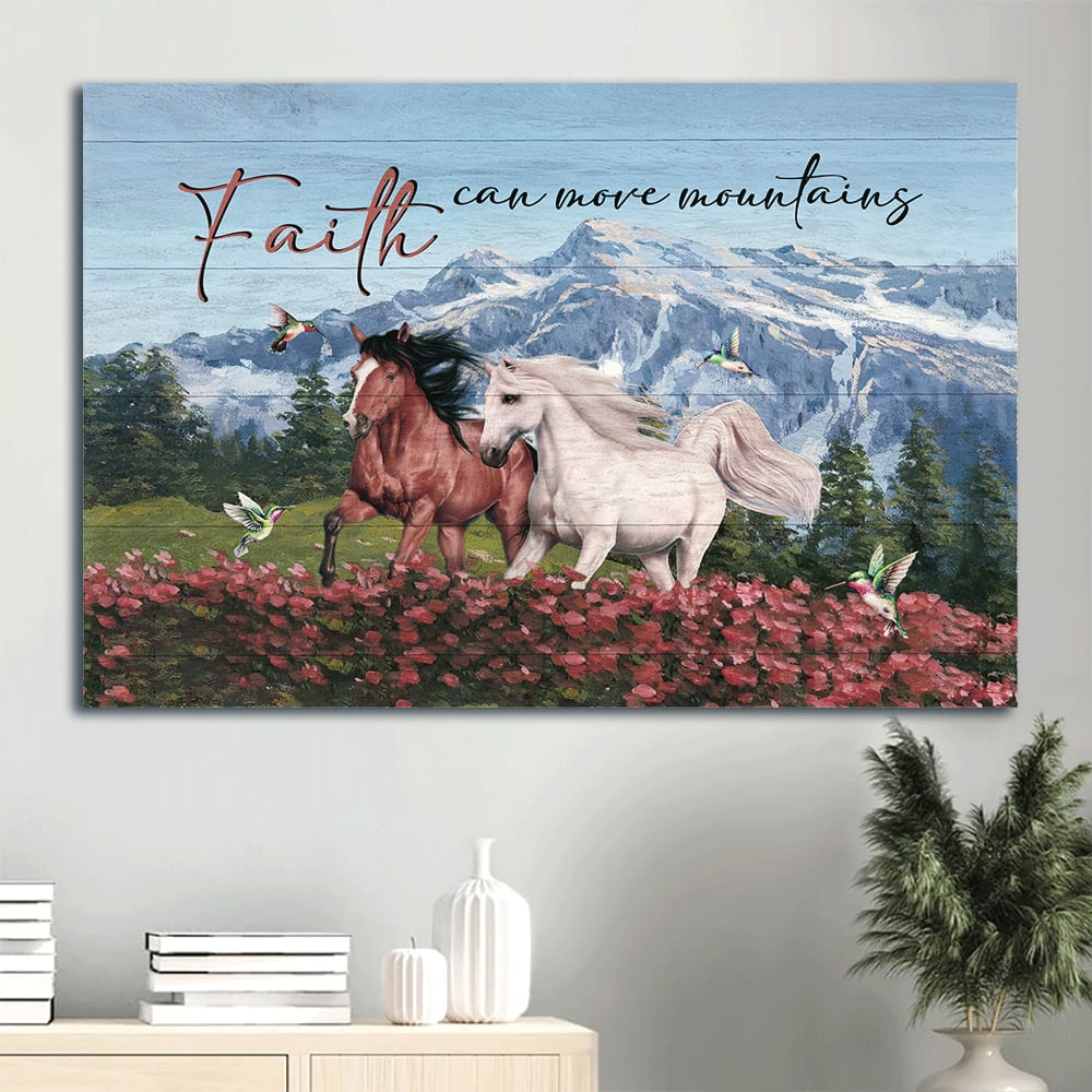 Beautiful Horses Pink Flower Field Hummingbird Canvas Faith Can Move Mountains Canvas Wall Art – Christian Wall Decor