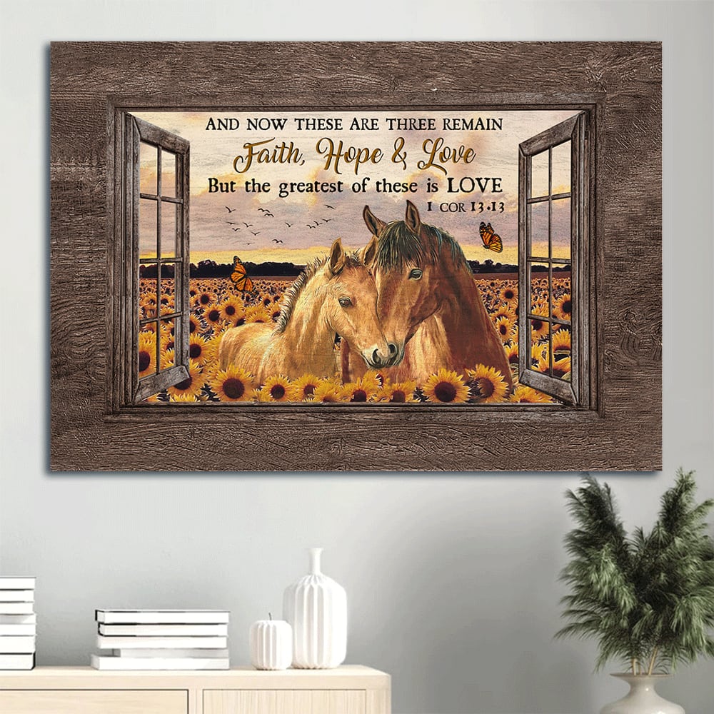 Beautiful Horses Sunflower Field Pretty Sunset Orange Butterfly Canvas The Greatest Of These Is Love Canvas Wall Art – Christian Wall Decor