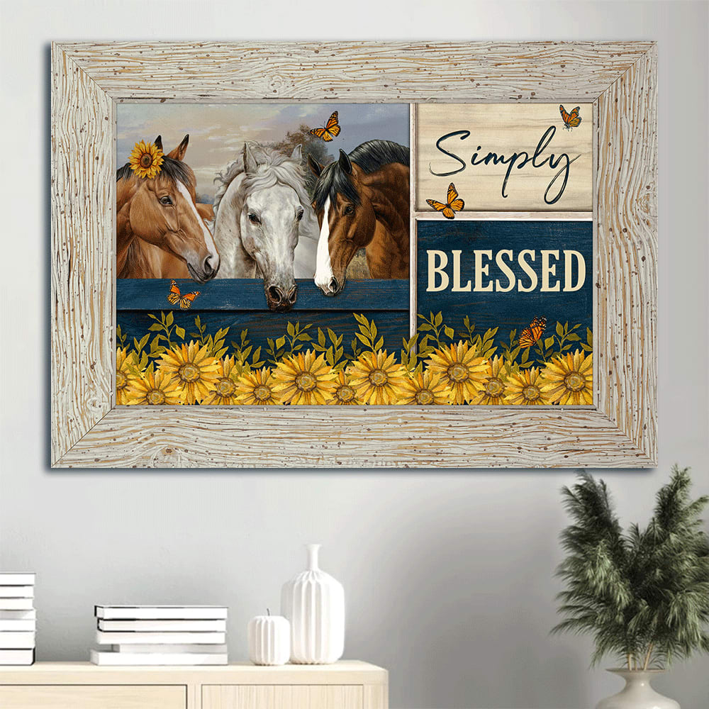 Beautiful Horses Sunflower Garden Monarch Butterfly Canvas Simply Blessed Canvas Wall Art – Christian Wall Decor