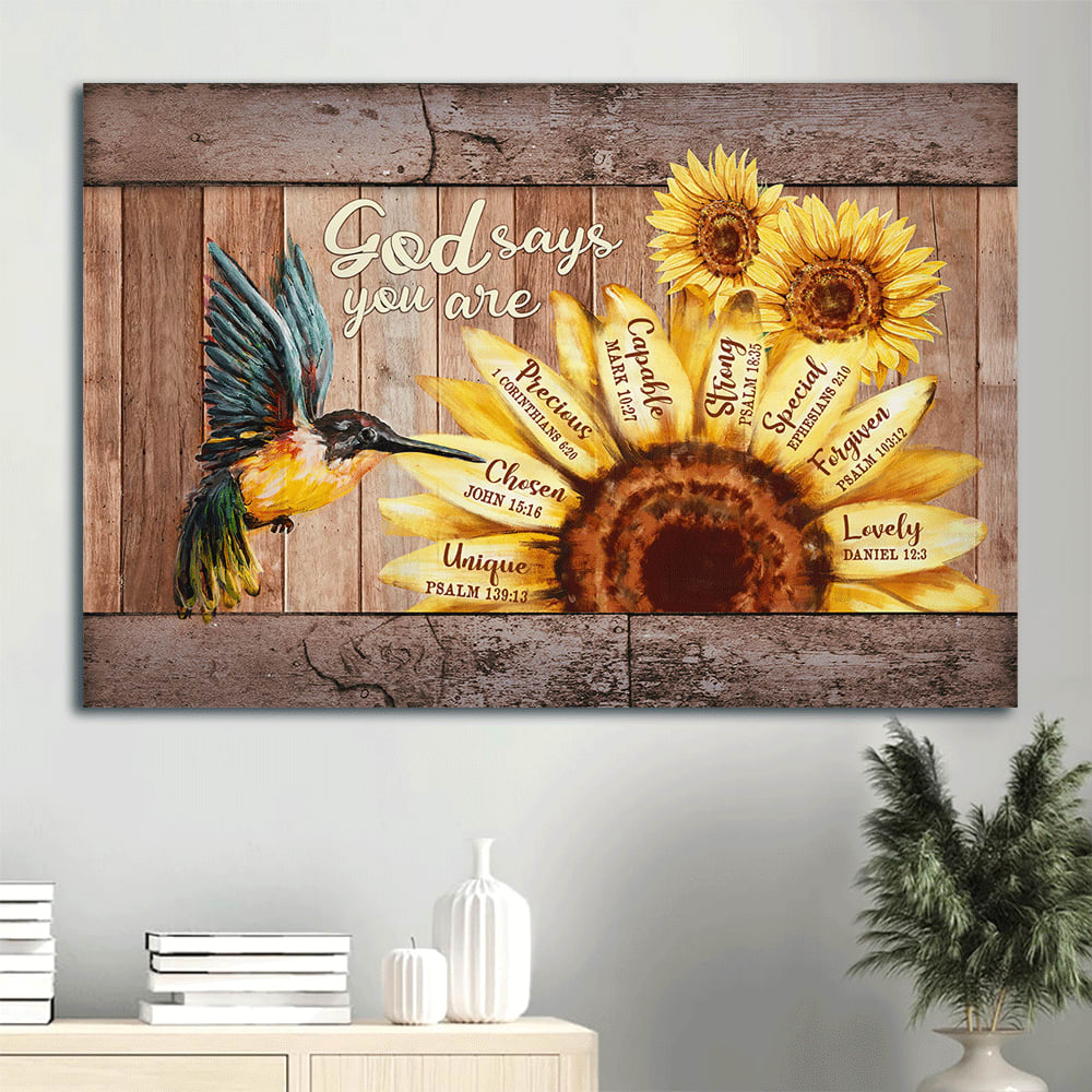 Beautiful Hummingbird Big Sunflower Canvas God Says You Are Canvas Wall Art – Christian Wall Decor