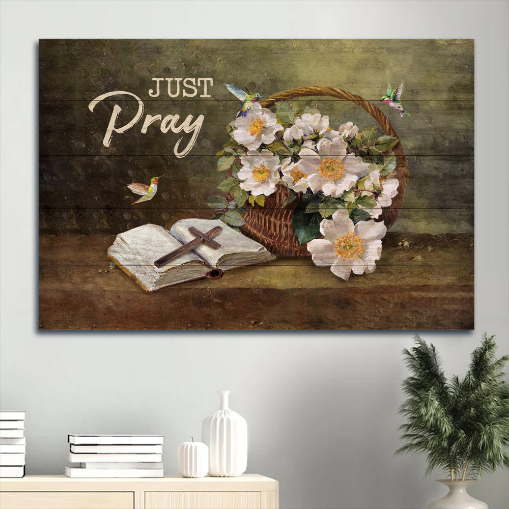 Beautiful Jasmine Wooden Cross Colorful Hummingbird Canvas Just Pray Canvas Wall Art – Christian Wall Decor