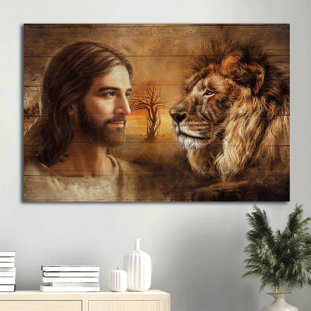 Beautiful Jesus Drawing Lion Face Lion Of Judah Face To Face Canvas Wall Art – Christian Wall Decor