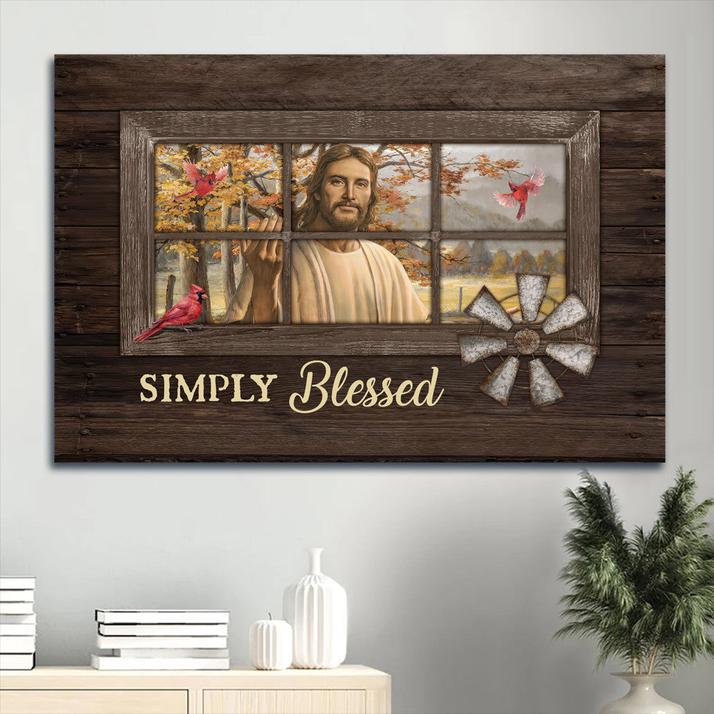 Beautiful Jesus Face Red Cardinal Autumn Forest Simply Blessed Canvas Wall Art – Christian Wall Decor