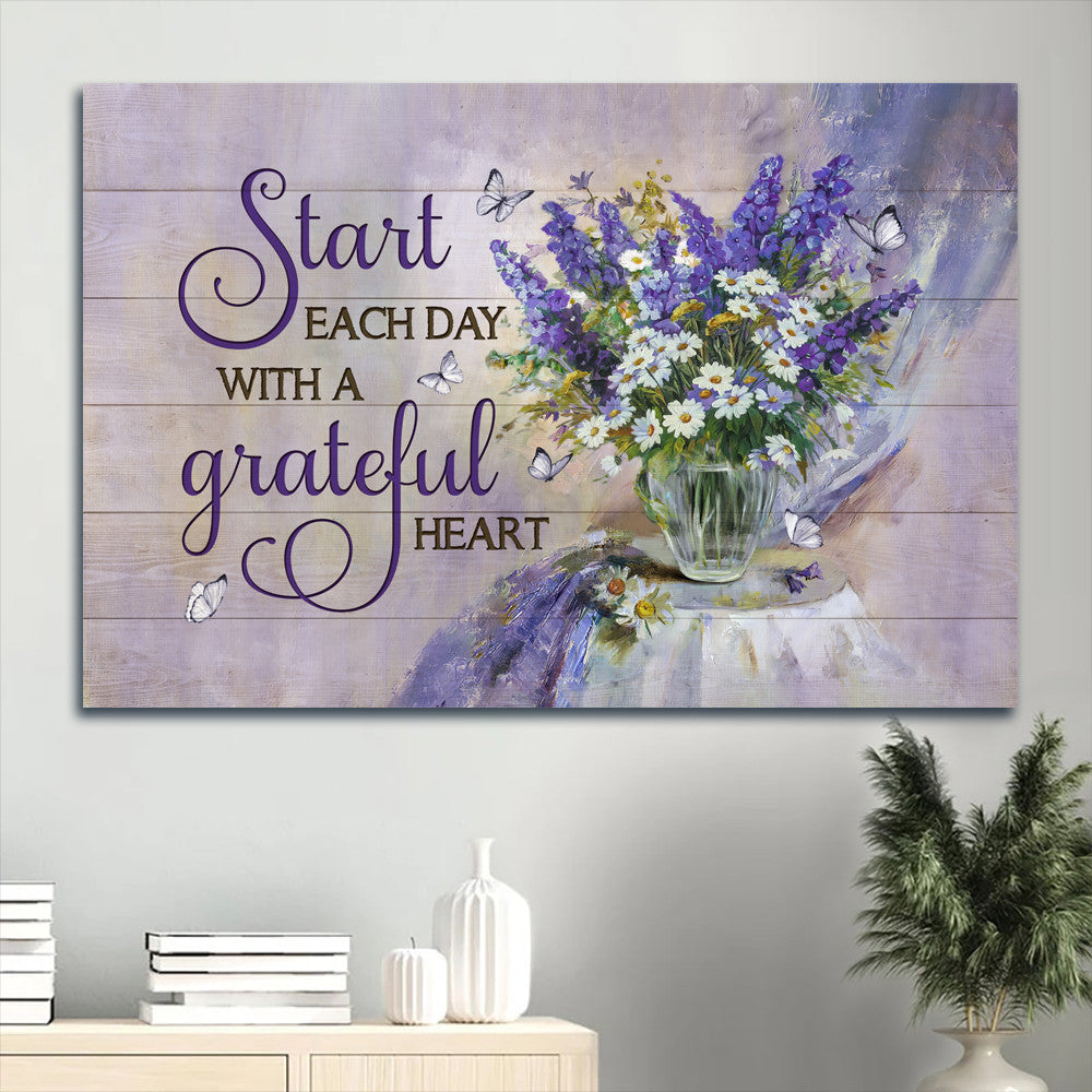 Beautiful Lavender Flower Daisy Vase Start Each Day With A Grateful Heart Canvas Wall Art – Christian Wall Decor