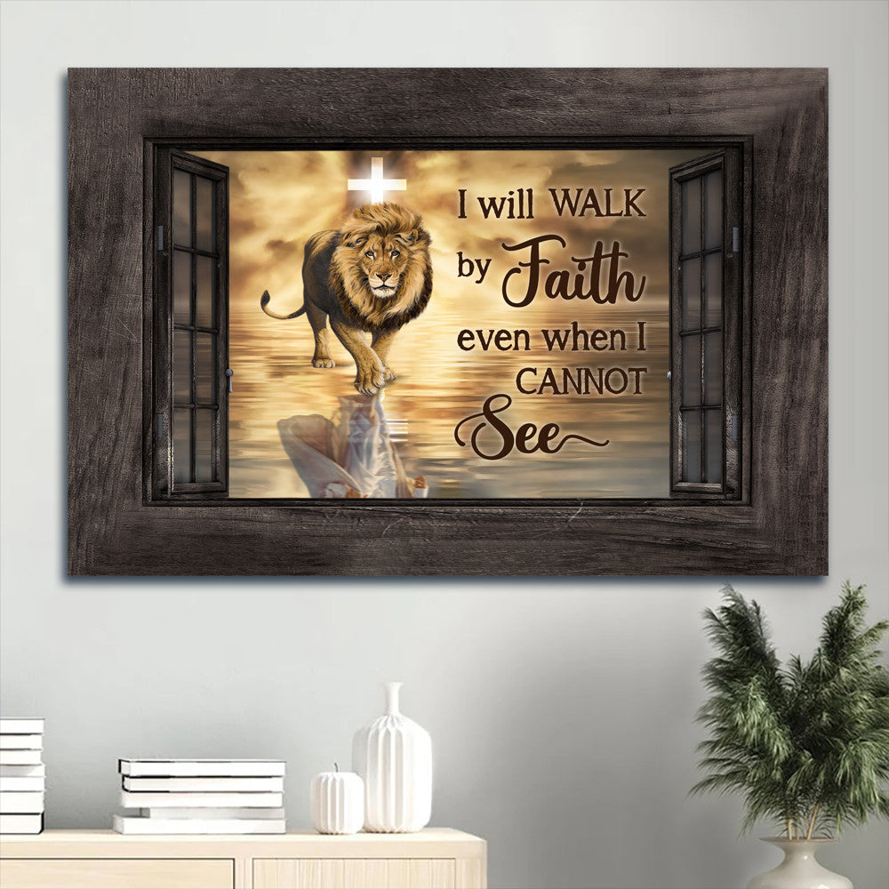 Beautiful Lion Drawing Orange Sunset Jesus Symbol I Will Walk By Faith Canvas Wall Art – Christian Wall Decor