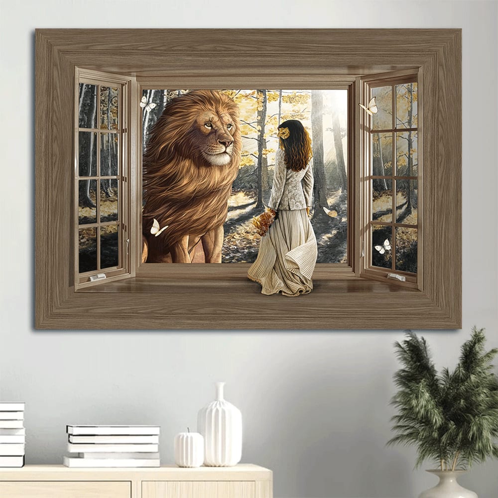 Beautiful Lion Wooden Window Pretty Girl Sunny Day Canvas Wall Art – Christian Wall Decor