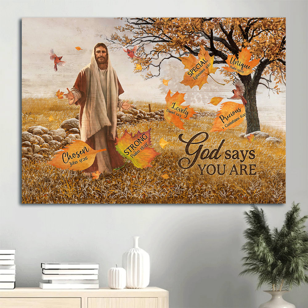 Beautiful Maple Forest Autumn Drawing Jesus Painting God Says You Are Canvas Wall Art – Christian Wall Decor