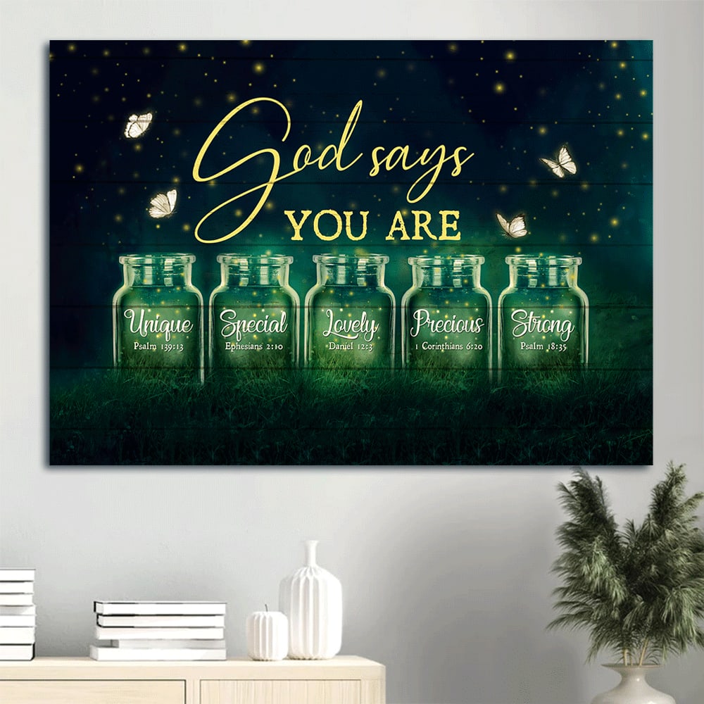 Beautiful Night Firefly Drawing Pretty Butterfly God Says You Are Unique Canvas Wall Art – Christian Wall Decor