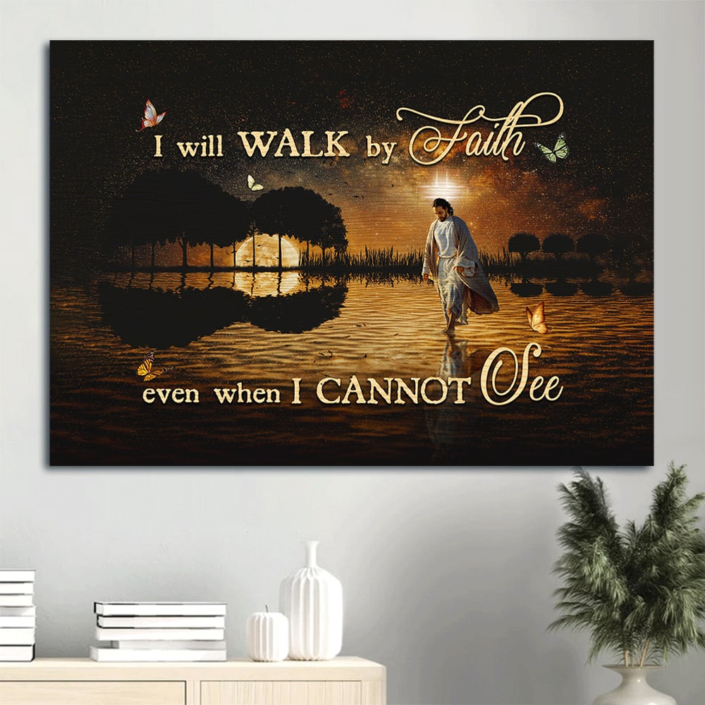 Beautiful Night Full Moon Drawing Jesus Walking On Water I Will Walk By Faith Canvas Wall Art – Christian Wall Decor