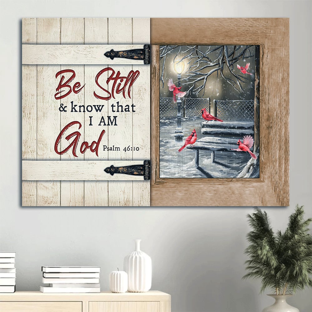 Beautiful Night Snow Drawing Cardinal Be Still And Know That I Am God Canvas Wall Art – Christian Wall Decor