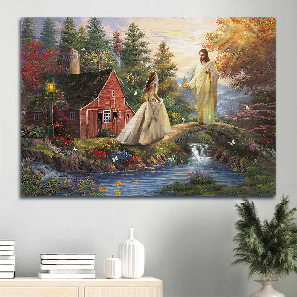 Beautiful Scenery Wonderful Forest Little Red House Come Into His Arms Canvas Wall Art – Christian Wall Decor