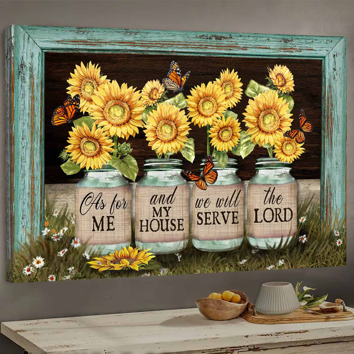 Beautiful Sunflower Jars Butterfly Picture Frame We Will Serve The Lord Canvas Wall Art – Christian Wall Decor