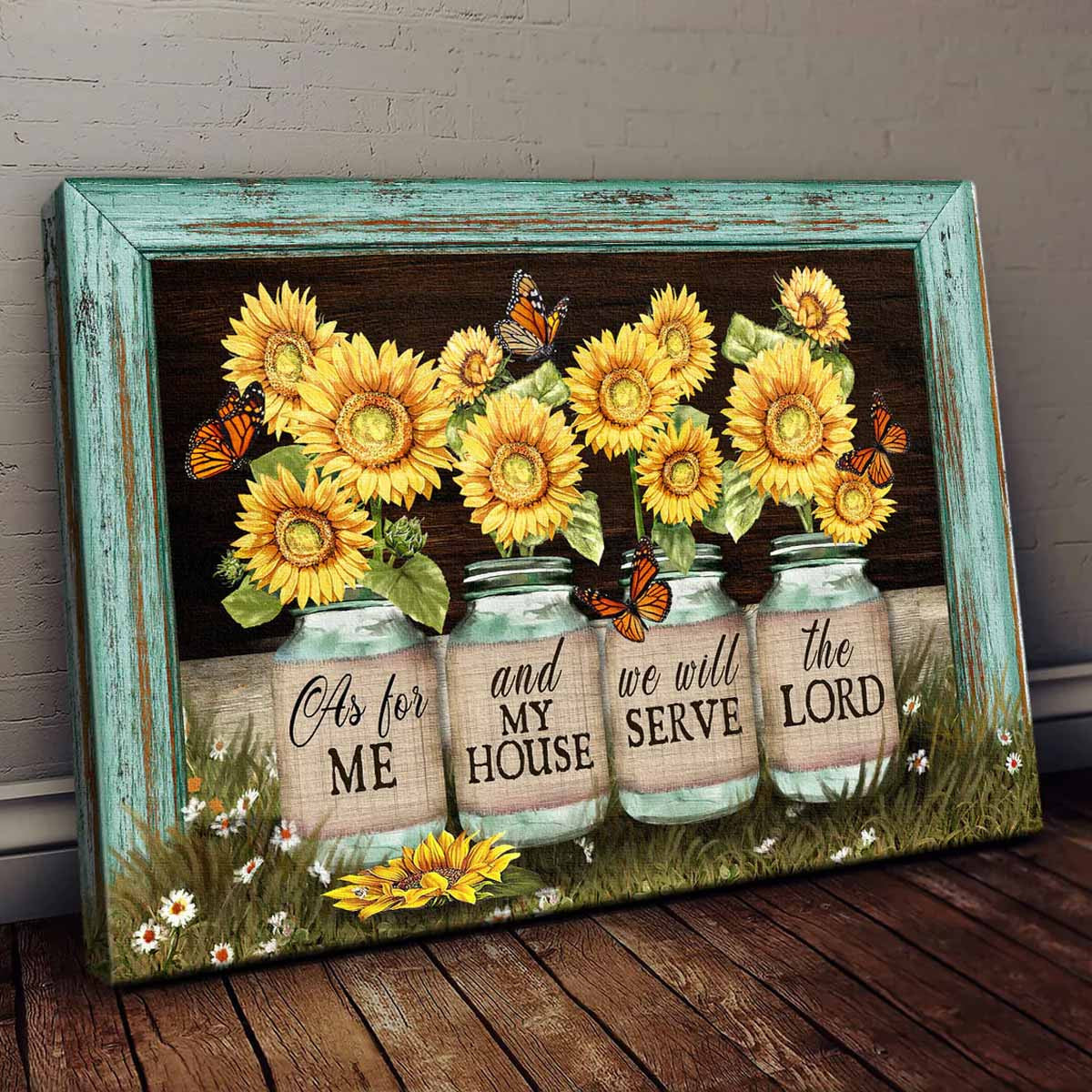 Beautiful Sunflower Jars Butterfly Picture Frame We Will Serve The Lord Canvas Wall Art – Christian Wall Decor